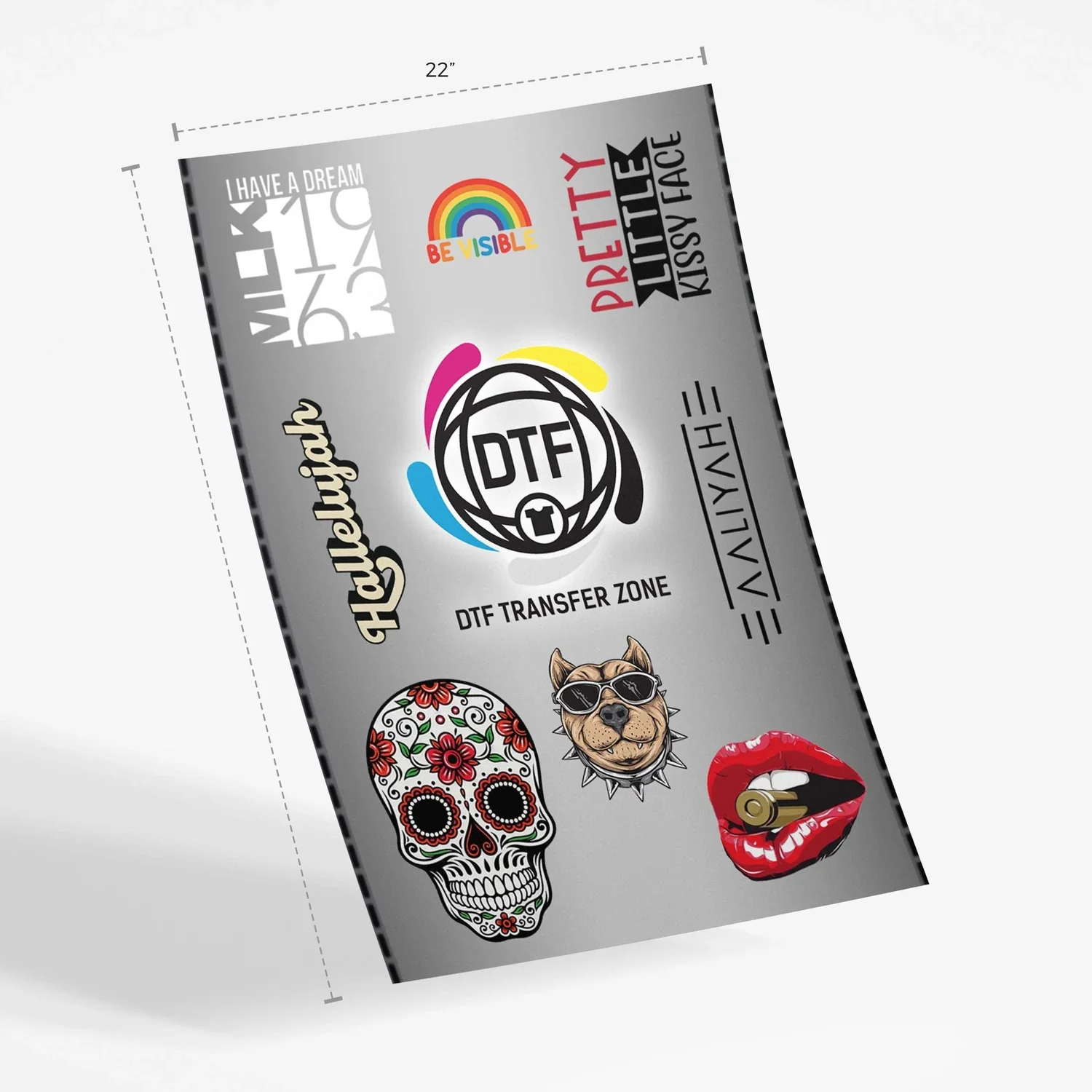 STR8 DTF gang sheet with multiple transfer designs on a 22-inch wide sheet